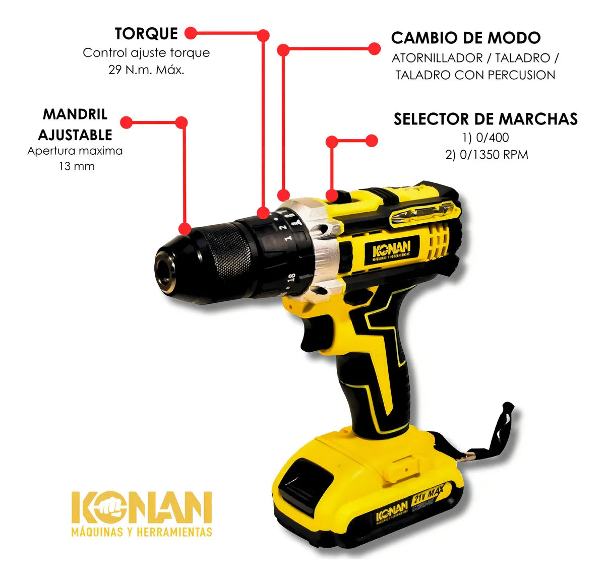 Taladro Percutor Inalámbrico Konan 12V